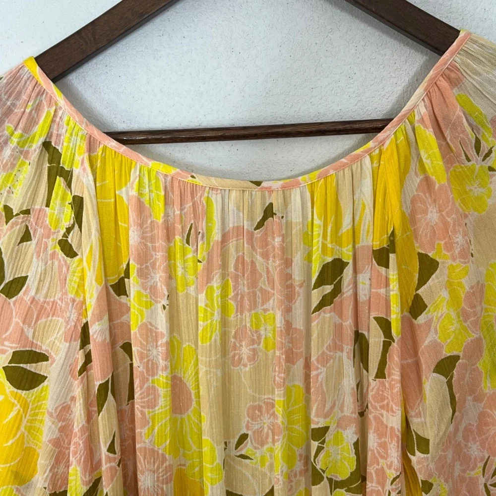 Free‎ People Tunic Top Mini Dress XS Yellow Floral Wrap Tiered Ruffle Boho Gauze